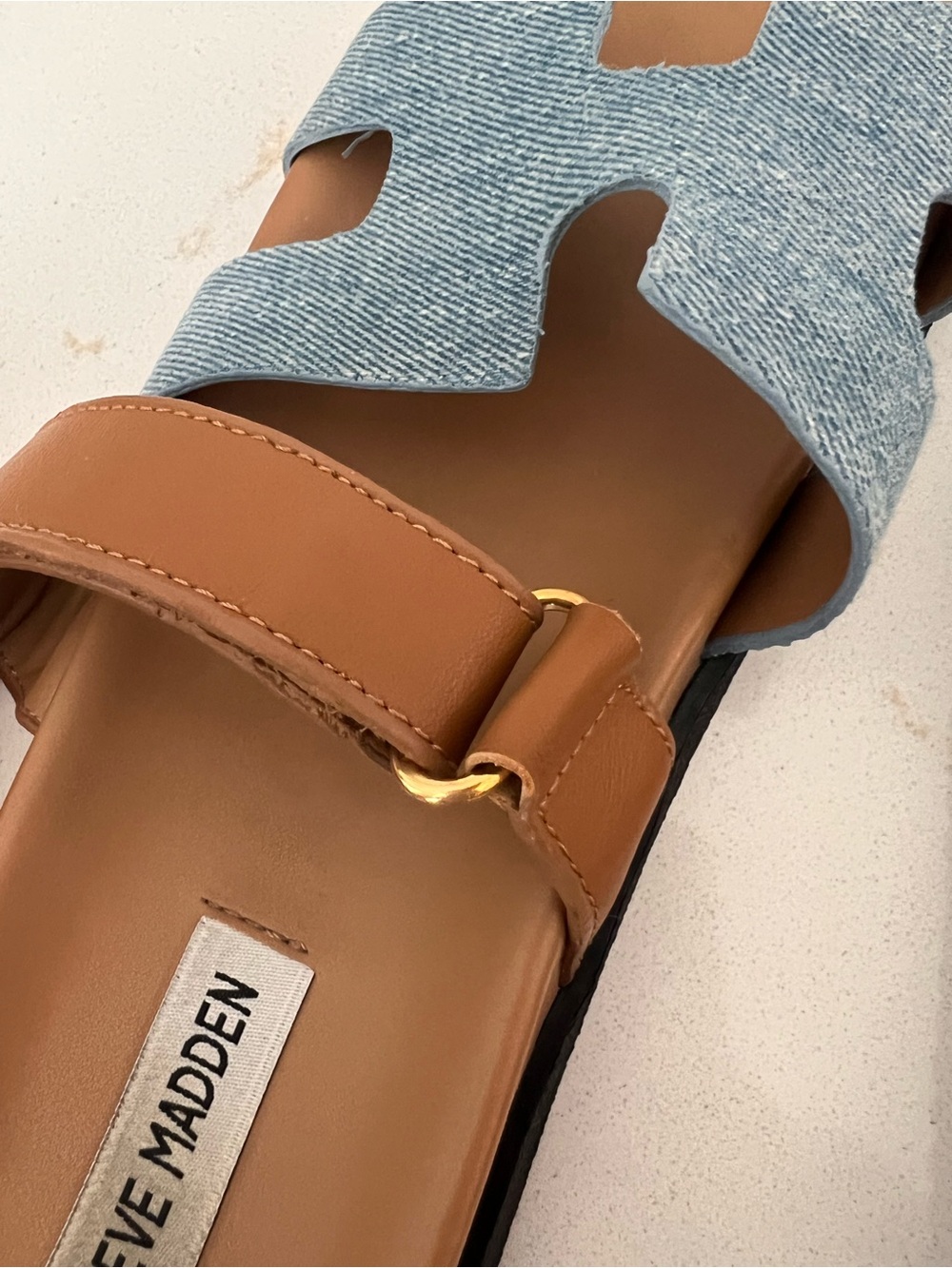 Steve Madden Mayven Denim & Tan Slide Sandals - Picture 5 of 9